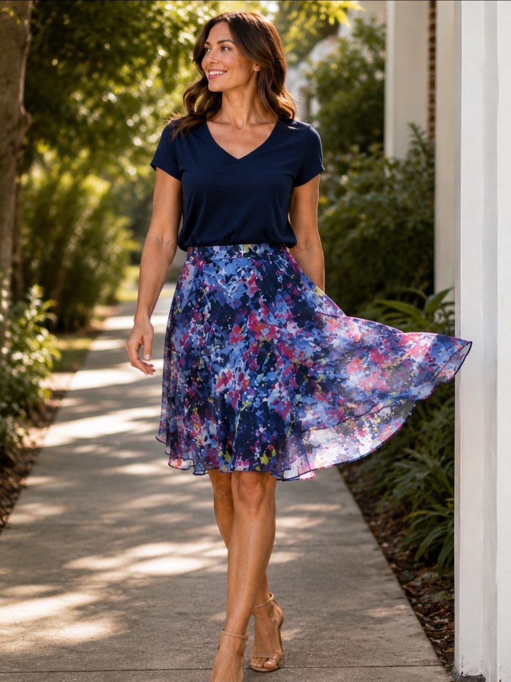 Lauren Ralph Lauren Blue Floral Print Flare Skirt Size 8 Chiffon Midi